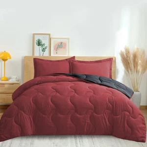 Queen Size 3PCS Comforter Set Reversible Bed Blanket Dual Color 88*92" Red - Picture 1 of 5