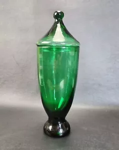 Vintage Collectible Green Hand Blown Art Glass Apothecary Storage Jar & Lid MCM - Picture 1 of 13