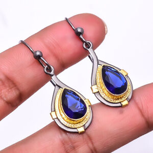 Blue Sapphire (Simulated) 925 Silver Black And Gold Rhodium Plated Earring 1.76"