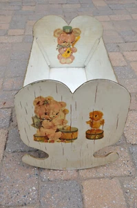 VTG 1945 White Wooden Toy Cradle Baby Doll Handmade Musical Teddy Bears Decals - Picture 1 of 12