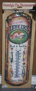 #1291 "Get Hooked At Lunkers" Nostalgic Tin Thermometer by Rivers Edge Products - Picture 1 of 4
