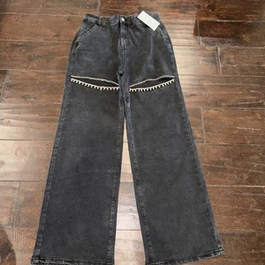 Neu mit Etikett Blue B schwarze Jeans mit Strassschlitzen Gr. Large 31" Schrittlänge weites Bein - Bild 1 von 5