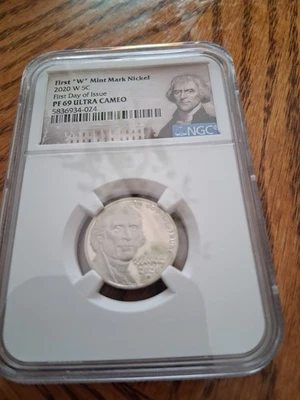 2020 W 5c Proof Jefferson Nickel NGC PF 69 Ultra Cameo First W Mint Nickel. FDOI - Image 1 of 2