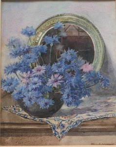 Edith Alice Andrews (1873-1962) Watercolour. Still Life Cornflowers On Table - Picture 1 of 6