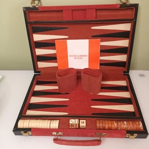 Vintage Backgammon Travel Set - Rust Orange Corduroy & Black Faux Leather Case - Picture 1 of 18