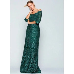 Neu mit Etikett Tadashi Shoji Liem schulterfreies Paillettenkleid in Kieferngrün Größe 14 548 $ - Bild 1 von 12