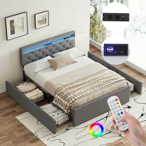 Polsterbett 140x200cm Doppelbett Bettgestell mit Bettkasten USB/ LED-Licht Audio - Bild 1 von 16