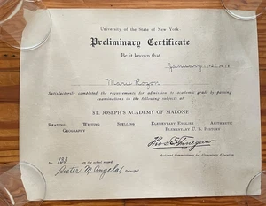 Antique 1916 St. Joseph's Academy of Malone Preliminary Certificate Diploma - Picture 1 of 4