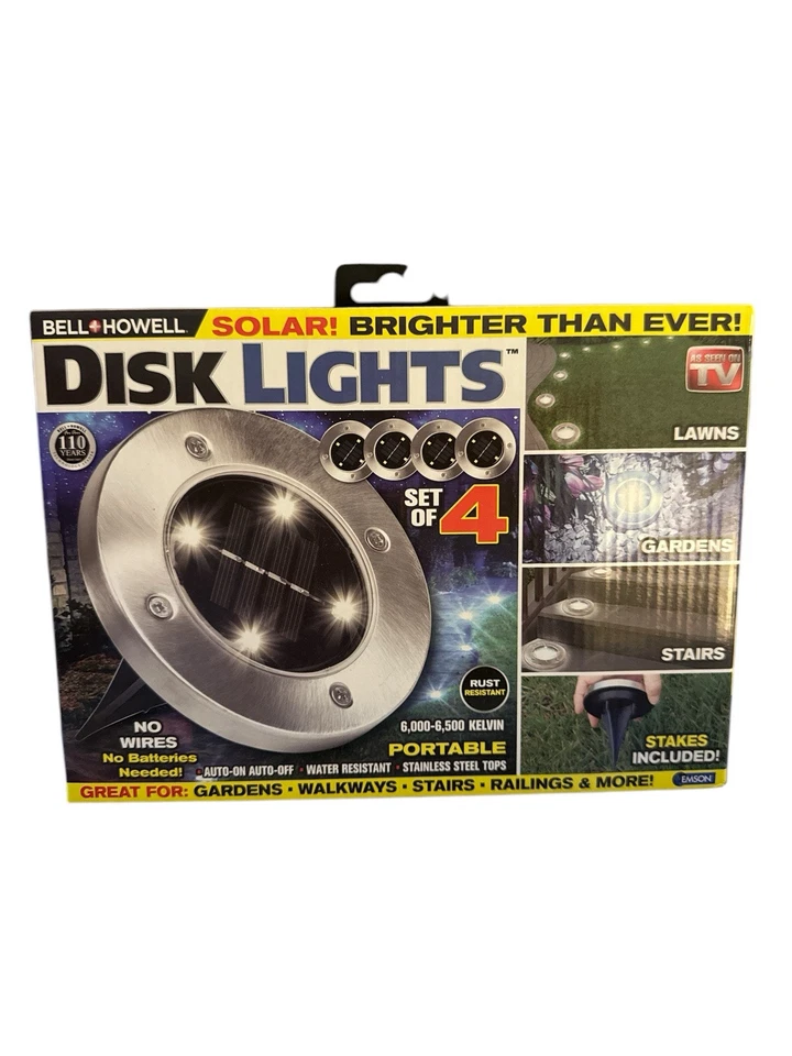 New Bell Howell Solar Disk Lights Powered 4 LED Brushed Steel As Seen on TV - Image 1 of 4