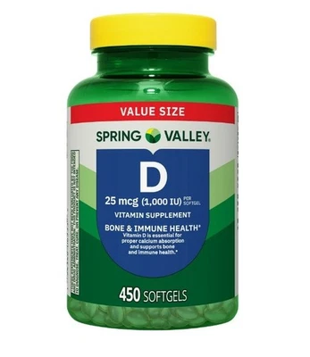 Cápsulas blandas de vitamina D3 Spring Valley 25 mcg 1.000 UI 450 unidades Foto 1 de 4