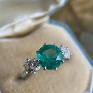 1.30 Ct Round Cut Emerald Engagement Ring 92.5 Silver Gold Plated  - Picture 1 of 4
