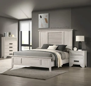 Cream White Finish 3pc King Size Bed Set Solid Wood Bedroom Furniture - Picture 1 of 9