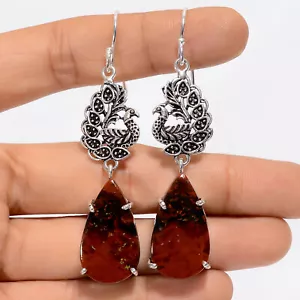 Natural Bloodstone Gemstone Fashion Jewelry 925 Silver Earrings 2.5" ARE-4901 - Picture 1 of 3