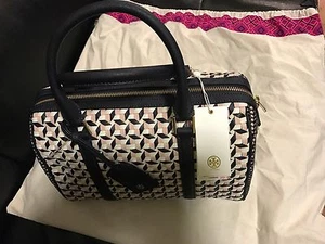 Tory Burch Robinson Woven Doreen Satchel Navy/Beige NWT - Picture 1 of 9