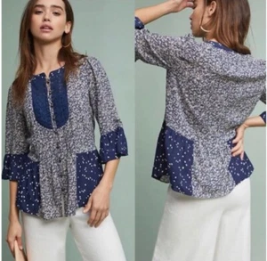 Neu ohne Etikett Anthropologie Maeve Hiver Boho-Bauernbluse blau 3/4-Ärmel Größe 4 - Bild 1 von 13