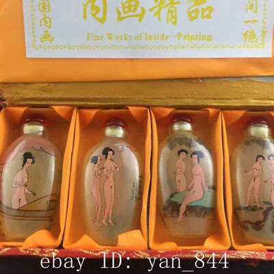 4PCS RARE CHINESE INSIDE HAND PAINTING GLASS SEXY SNUFF BOTTLE - Image 1 of 4