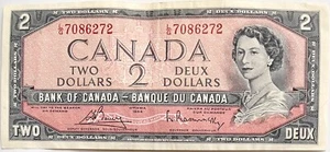 BANCONOTA VINTAGE 1954 BANCA DEL CANADA $2 DEUX DOLLARI Bouey-Rasmisnky L/G PREFISSO VF - Foto 1 di 4