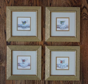 Arnie R. Fisk Teacups on Lace Framed Prints Pictures Matted Bird Flower Set Of 4 - Picture 1 of 12