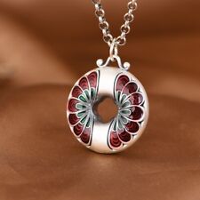I05 Pendant Circle Disc With Colourful Peacock Feather Fine Silver 999