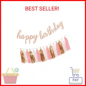 Rose Gold Birthday Party Decorations - Glittery Rose Gold Happy Birthday Banner - Picture 1 of 2