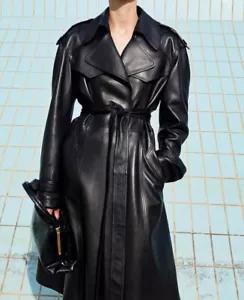 Stilvoller langer Mantel NEU Designer Damen echtes Lammfell langer Trenchcoat - Bild 1 von 5