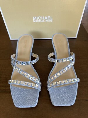 Sandalia Michael Kors Celia Embellecida Cristales Tacón Gatito Azul Denim Para Mujer 7 Foto 1 de 4