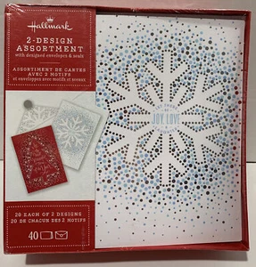 New Hallmark Chrostmas Boxed Cards 2 Designs 40 Ct Red White Snowflake Tree - Picture 1 of 11