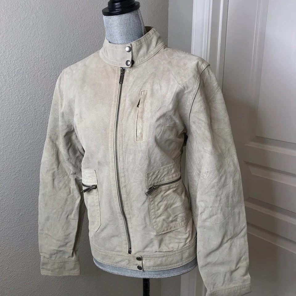 Jaqueta de couro feminina Banana Republic camurça bege creme estilo blazer casaco grande - Imagem 1 de 4