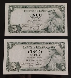PAREJA CORRELATIVA DE 5 PESETAS DE 1954 DE ALFONSO X, PICK 146A, SC, SERIE F. - Imagen 1 de 3
