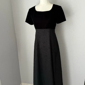 Vintage 90s Black Empire Waist Maxi Dress Velvet Glitter Floral Goth Prom 6 - Picture 1 of 16