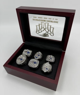 全新英格兰爱国者锦标赛 6 件复制品戒指套装 带木盒 — 第 1/4 张图片