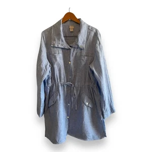 Chico's Linen Mini Dress Women's Size 16 Blue Long Sleeve Button Front Pockets - Picture 1 of 5