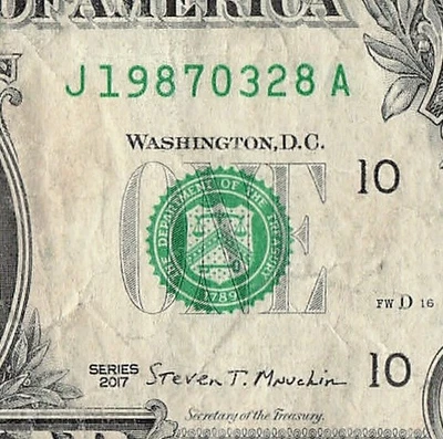 MAR 28 1987 Birthday Fancy Serial Number Date Note One Dollar Bill 03 28 1987 - Image 1 of 4