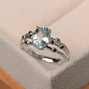925 Sterling Silver Natural Oval Cut Aquamarine Art Deco Wedding Ring For Women - Picture 1 of 4