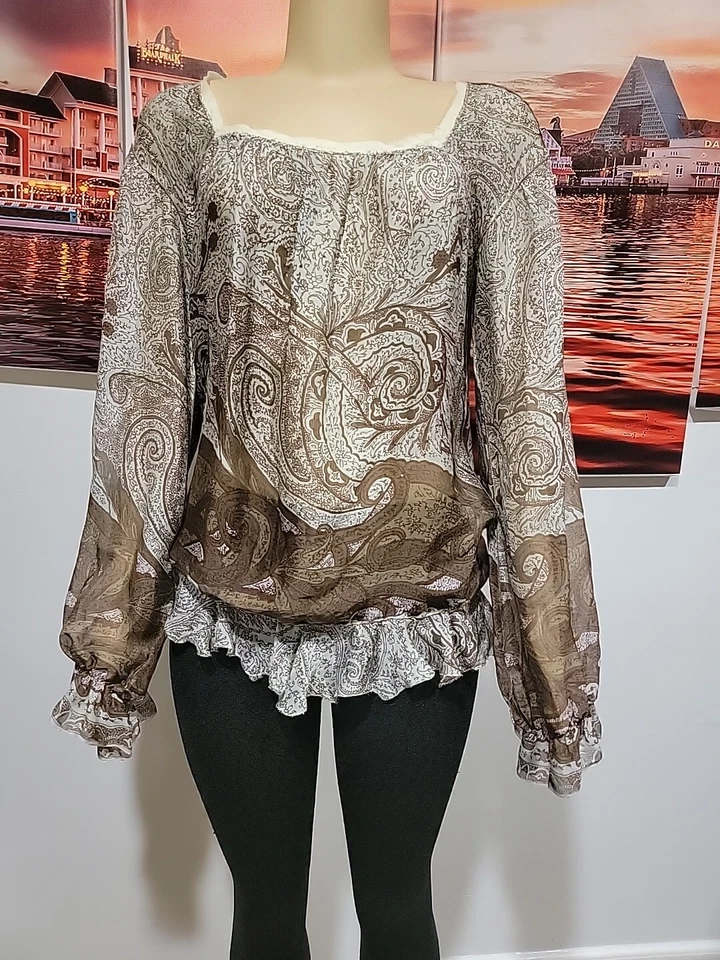 Rozae Nichols 100% шелк кристалл пейсли печать Sz M блузка коричневый синий без подкладки #3 - Изображение 1 из 4