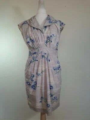 Nicole Farhi Cotton Summer Midi Dress Size 14 Blue Beige Floral Pockets - Image 1 of 4