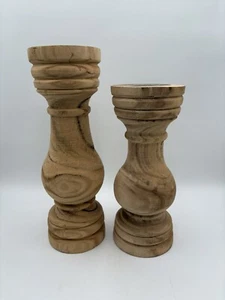 Mud Pie Paulowina Chunky Wood Pillar Candlestick Holders Set of 2 - Picture 1 of 4