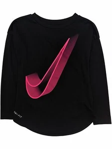Nike Girls Black & Pink Swoosh Athletic Long Sleeve Work Out Tee Dri-Fit - Picture 1 of 1