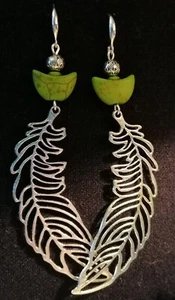 Modern Vintage Howlite, Silver & Tibetan Silver Green Leaf Drop Earrings - Picture 1 of 3