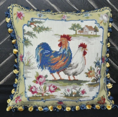 Needlepoint Throw Pillow Cover French Country Rooster & Cottage Cushion 16x16 - Image 1 of 4