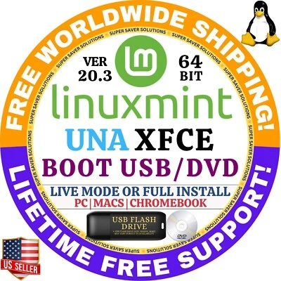 Linux MINT 20.3 USB UNA XFCE 64-Bit Live Boot, Full Install MAC, PC - Image 1 of 4