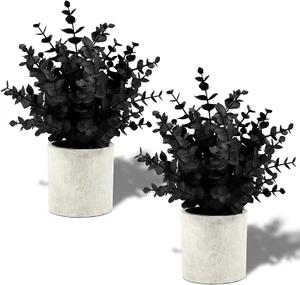 2 Pack Black Fake Eucalyptus Small Fake Plants Potted Artificial Plants for Hall - Picture 1 of 12