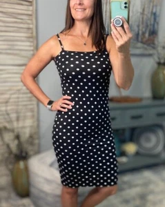 Polka Dot Bodycon Dress Square Neck Fitted Adjustable Spaghetti Strap Black - Picture 1 of 7