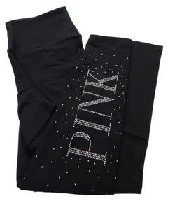 Victoria's Secret PINK COTTON HIGH WAIST LEGGINGS Black Logo Shine L SHORT NEW - Picture 1 of 3