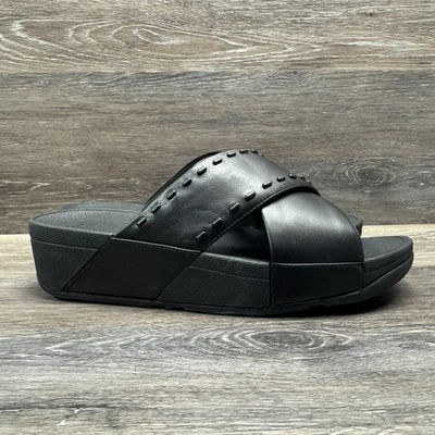 Zapatilla FitFlop Lulu Cross Slide Mujer Talla 6 Cuero Negro Goma-Stud Sin Cordones Foto 1 de 4