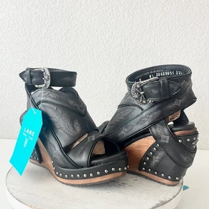 Lane Boots LEXINGTON Womens Black Wedges 8.5 Western Sandals Cowgirl Wooden Heel - Picture 1 of 11