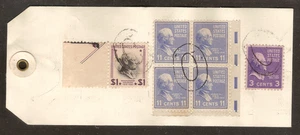 Prexie #807, #816 (Block of 4) and #832 on a Registered Bank Parcel Tag - Picture 1 of 2