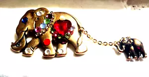 Mother & Baby Elephant Brooch Pin VTG 1950's - 1960's Rhinestones w Chain - Picture 1 of 4