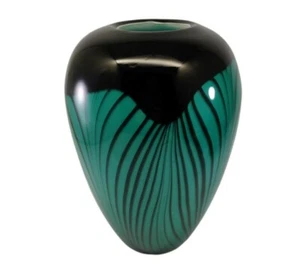 Art Glass Vase Black And Teal Blue Swirls - Picture 1 of 12