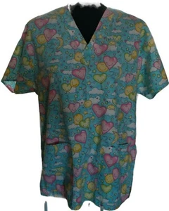 Women's 2 Pocket Scrub Top~Blue w/Multi-Color Smiley Face Hearts~Crest~SS~Size S - Picture 1 of 6